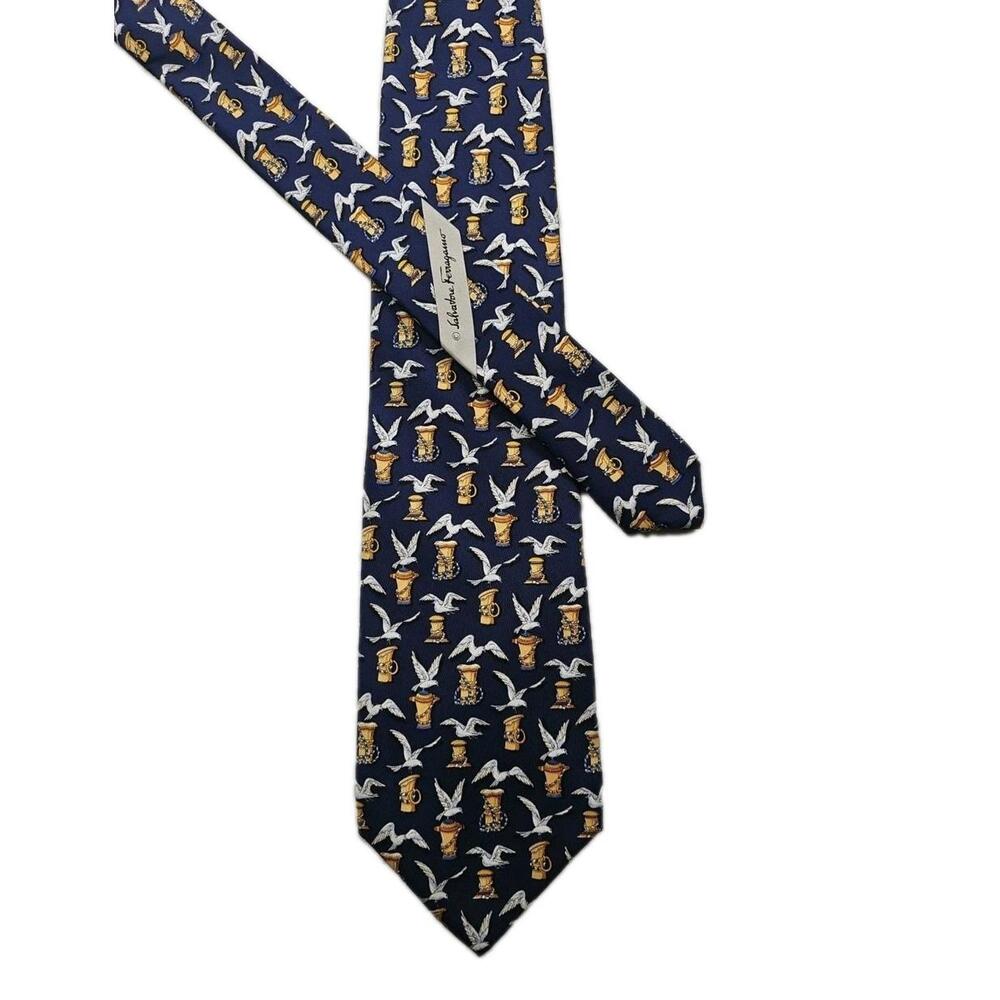 Salvatore Ferragamo Dark Blue‎ Seagulls & Harbor Nautical Print Silk Neck Tie